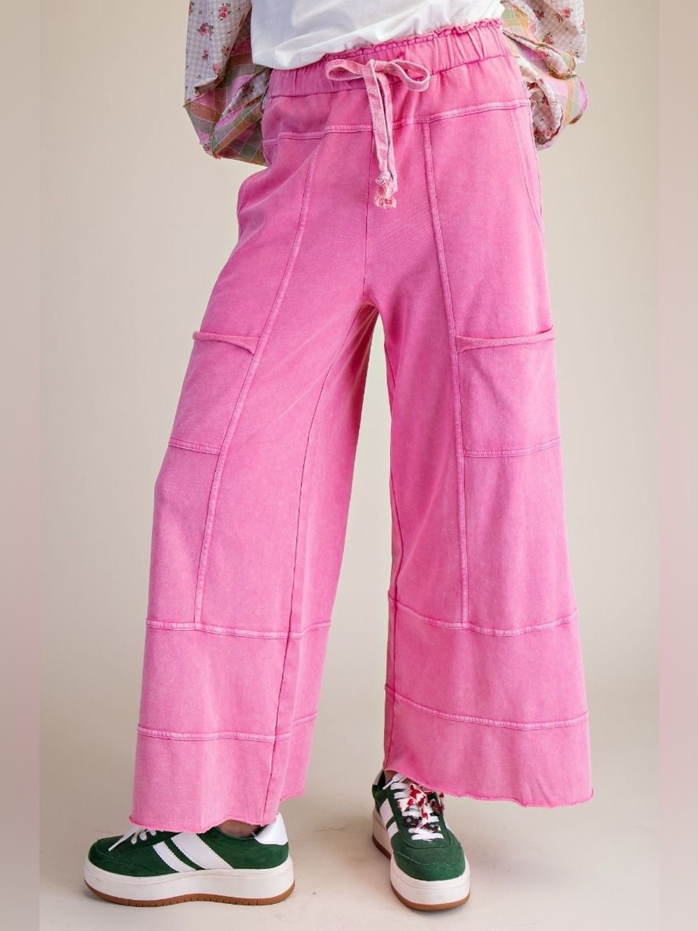 Easel Lazy Days Mineral Washed Wide Leg Pants in Barbie Pink EB41308 - Picture 4 of 11